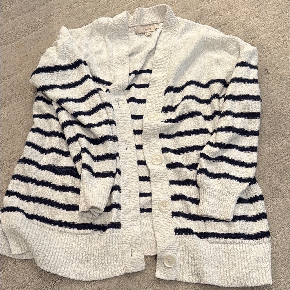 LOFT White and Navy Striped Button-Up Cardigan